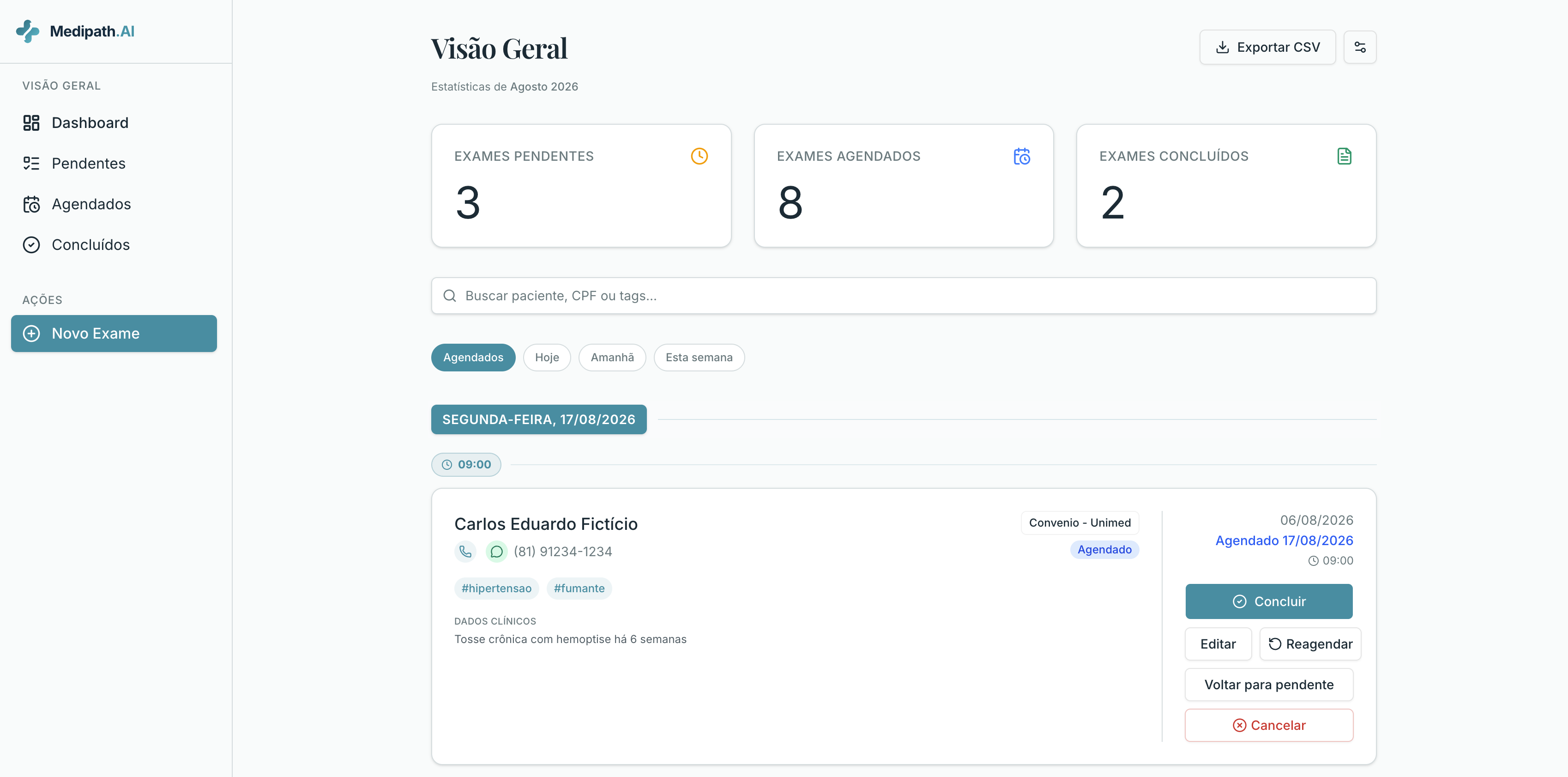 Dashboard desktop do Medipath Flow com resumo de procedimentos e pacientes