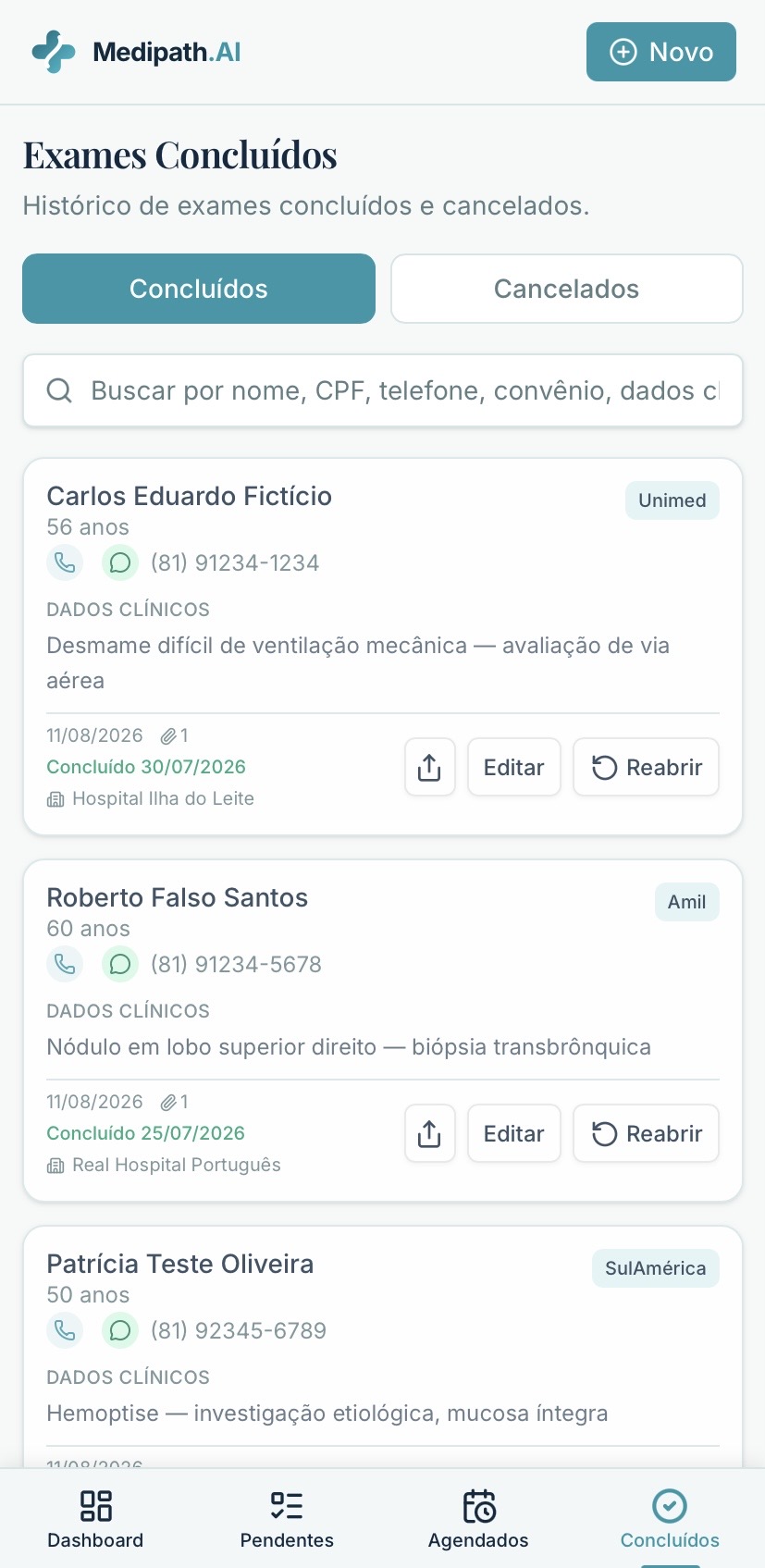 Tela mobile de procedimentos concluídos