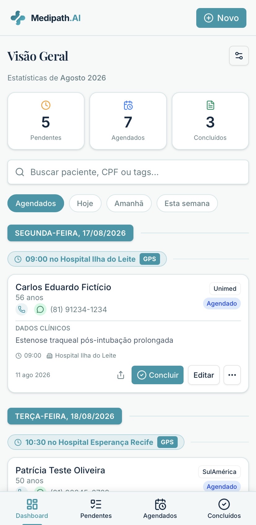 Dashboard mobile do Medipath Flow