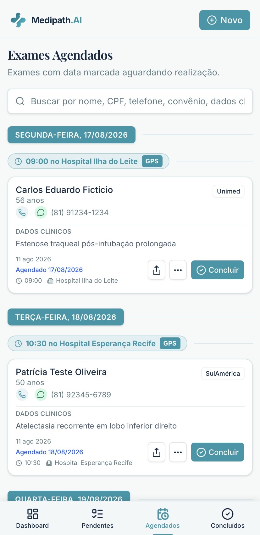 Tela mobile de procedimentos agendados